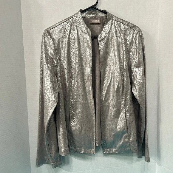 Chico's Jackets & Blazers - Chico’s Silver Metallic Snakeskin Print Light Jacket Chicos Size 1